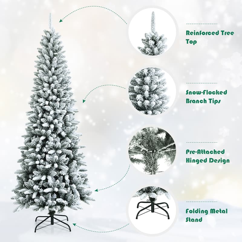 7.5ft Snow-Flocked Hinged Artificial Christmas Pencil Tree w/ 1189