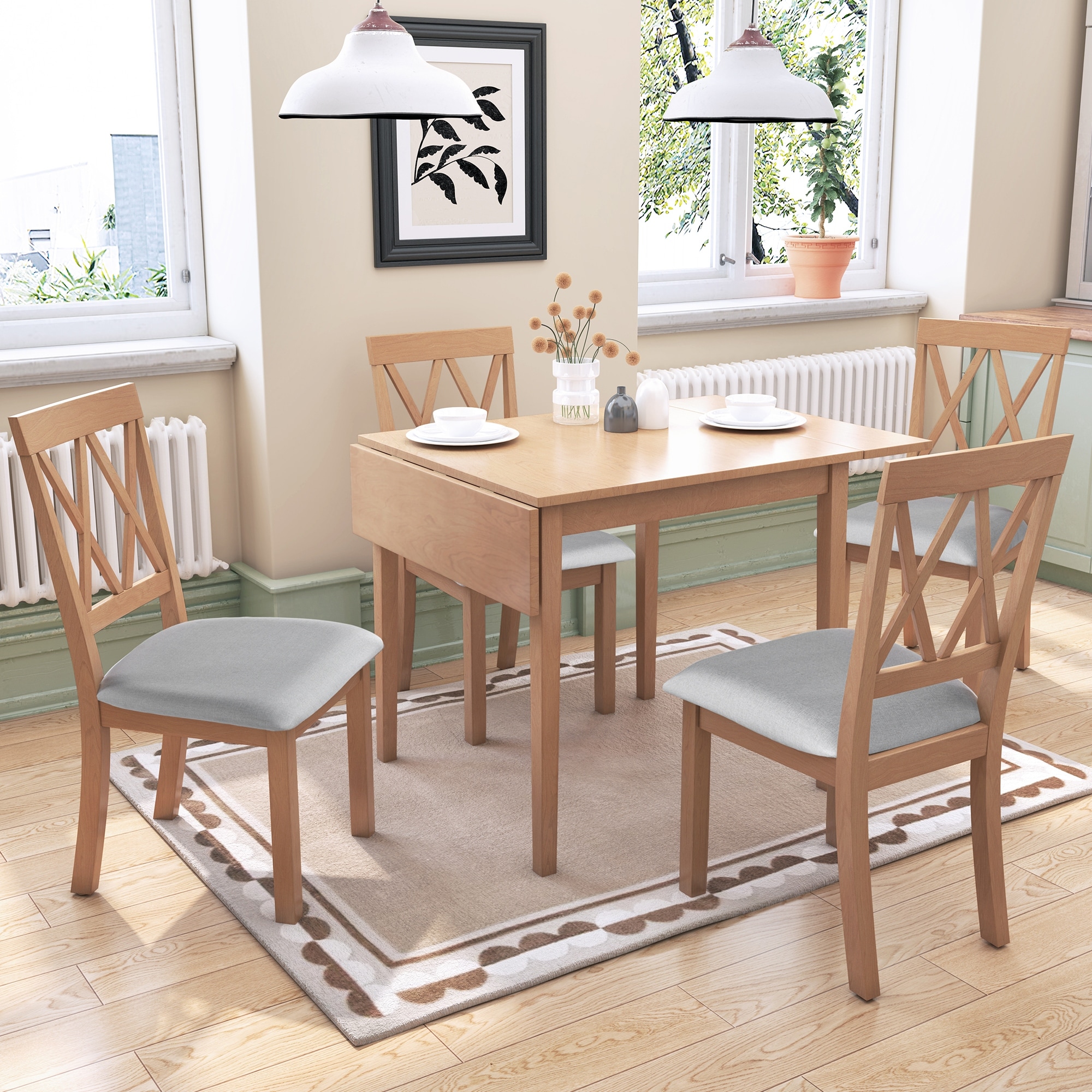 5 Piece Extendable Dining Table Set, Small Kitchen Table Set with Drop Leaf Dining Table and 4 Dining Upholstered Chairs