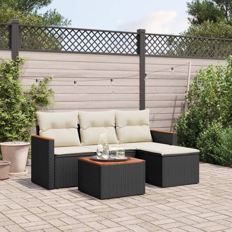 vidaXL Patio Sofa Set with Cushions Outdoor Conversation Furniture Poly Rattan - 21.7 x 21.7 x 14.6 in - Black and cream with table