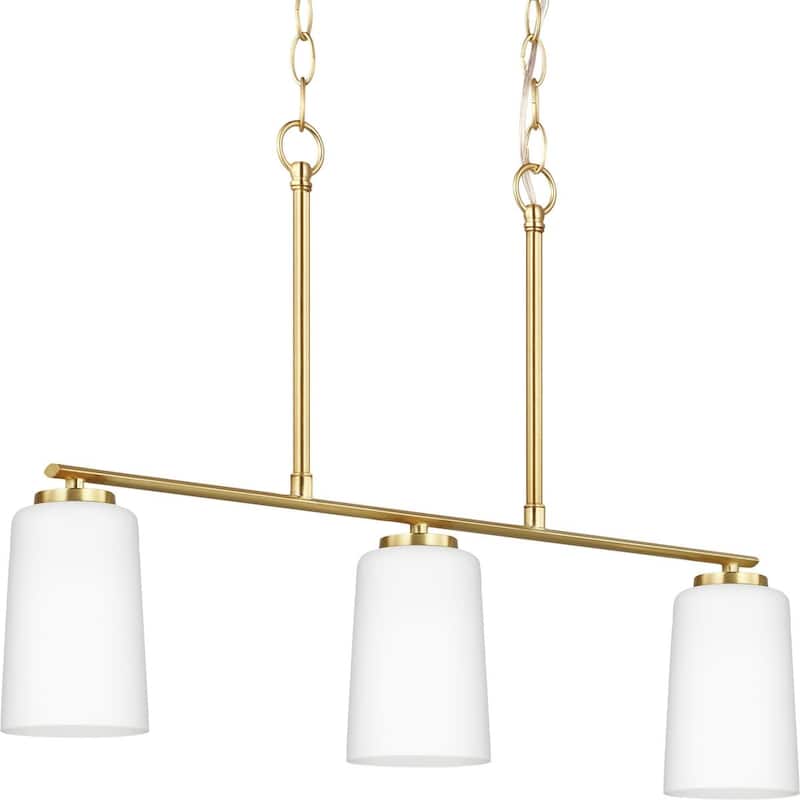 Adley Collection Three-Light Satin Brass Etched White Glass New Traditional Linear Chandelier - 26 in x 4 in x 17 in - 26 in x 4 in x 17 in