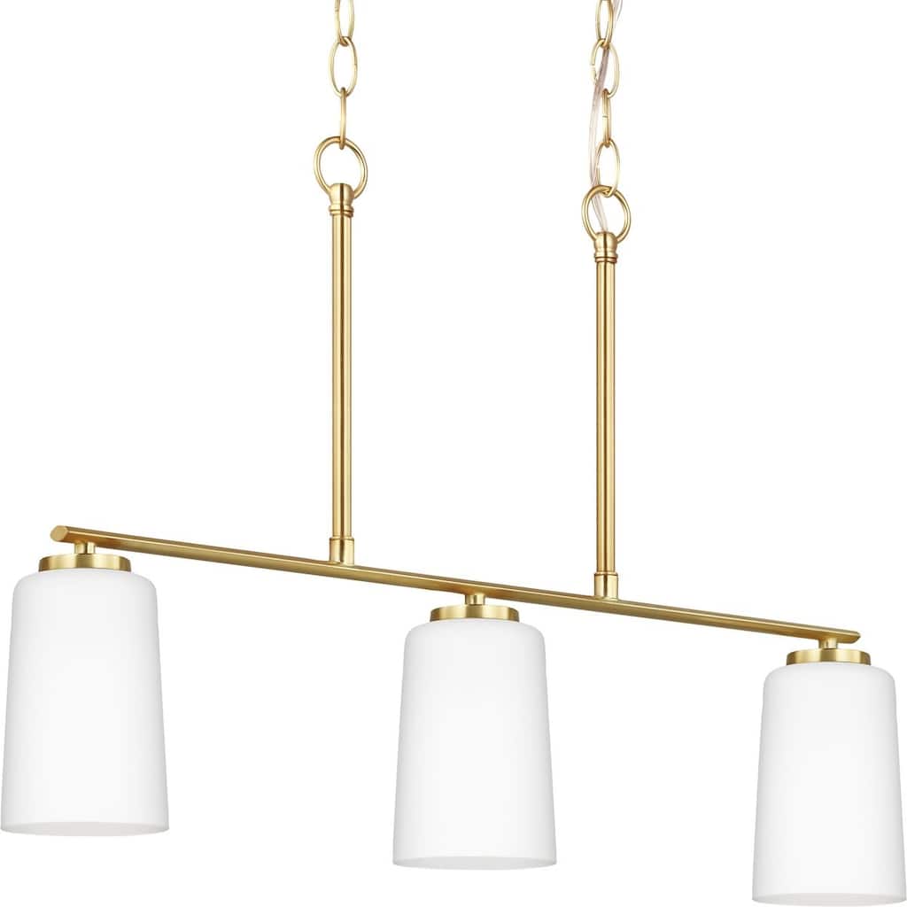 Adley Collection Three-Light Satin Brass Etched White Glass New Traditional Linear Chandelier - 26 in x 4 in x 17 in