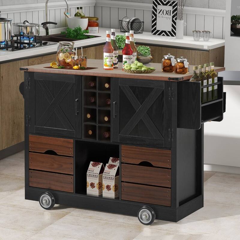 Farmhouse 54" Kitchen Island Cart with Drop Leaf Power Outlet, Rolling Kitchen Island on 4 Large Wheels with Spice Rack
