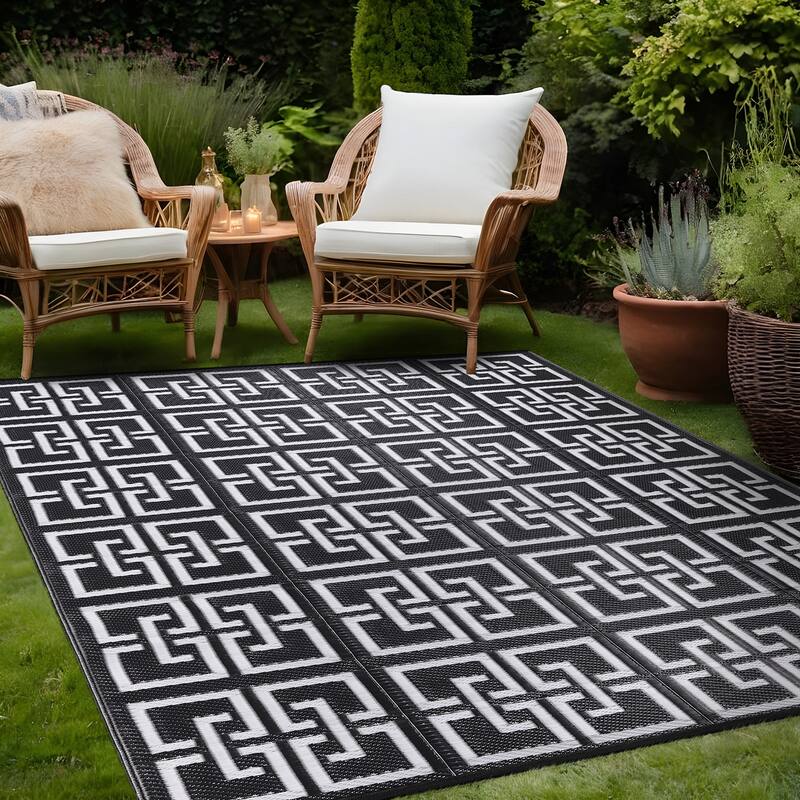Beverly Rug Geometric Greek Key Outdoor Rug Waterproof for Patio, RV Camping