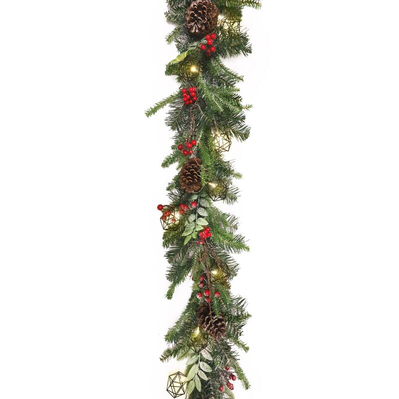 6ft Artificial Mixed Frosted Berry Twig Pine Cone & Pine Christmas Garland with Geometric Octagon String Light Set - 72" L x 7" W x 5" DP - Frosted Green