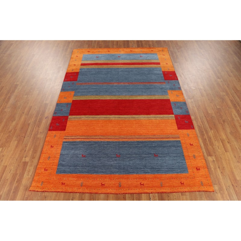 Striped Gabbeh Indian Rug Hand-Knotted Wool Carpet - 6'7"x 9'9"