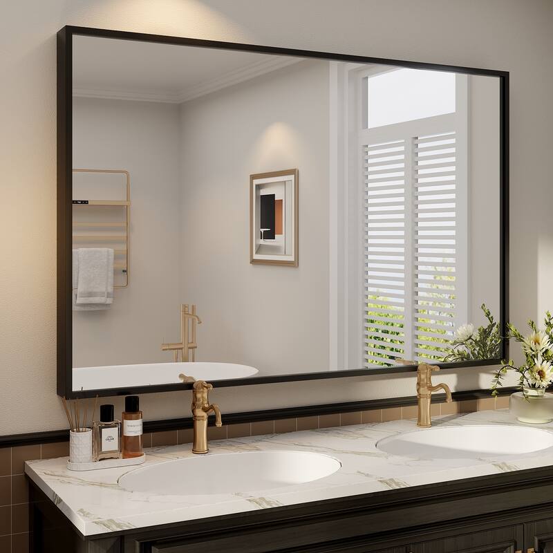 Tempered Glass and Metal Framed French Cleat Mounted Wall Bathroom / Vanity Mirror - 55" x 36" - Black