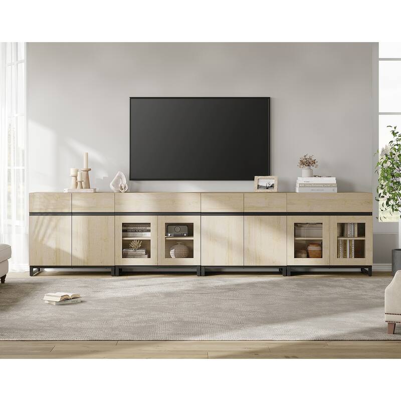 Modern 4-in-1 TV Stand for 120" TVs, Console with Glass Doors & 2 Drawers, Adjustable Shelf