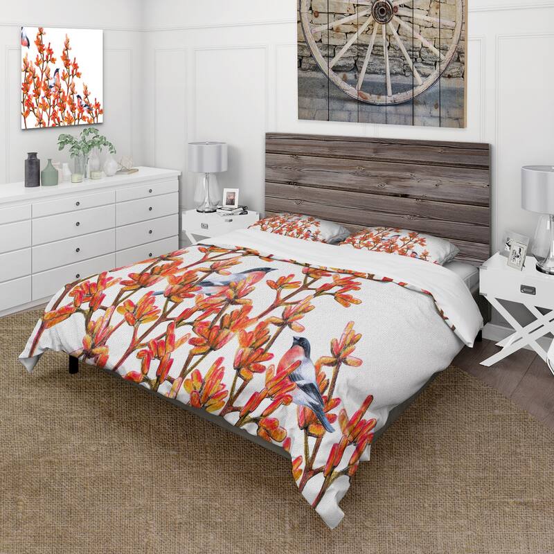 Designart 'Flock of Bullfinches Birds on Orange Branches' Traditional Duvet Cover Set