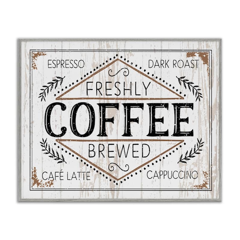 Stupell Rustic Fresh Brew Coffee Sign Autumn Charm Framed Giclee Texturized Art by Jennifer Pugh