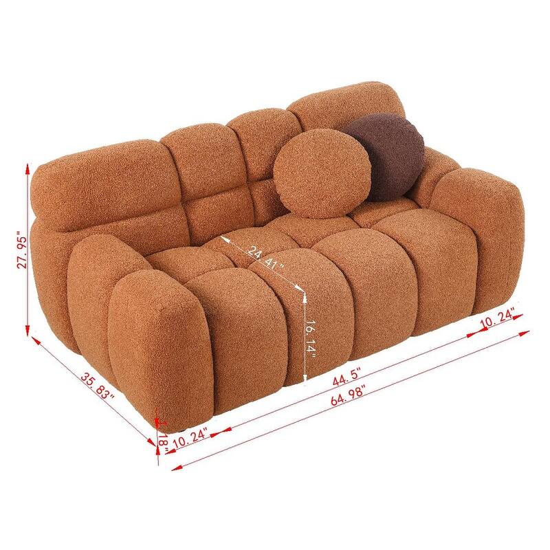 65"x36"x28" Light Brown Boucle 2-Seater Marshmallow Sofa with Two Pillows
