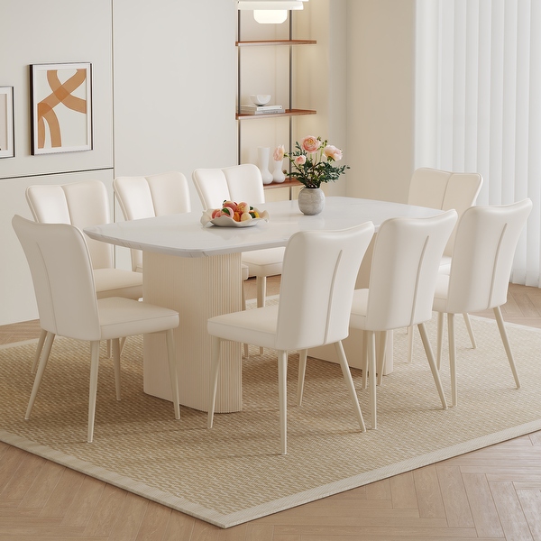 NINEDIN White 9 Piece 67 Dining Table Set with 8 PU Leather Dining Chairs White 8 Chair