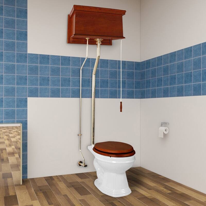 High Tank Toilet - Light Mahogany Flat Tank, White Round Bowl and Chrome Z Pipe Renovators Supply