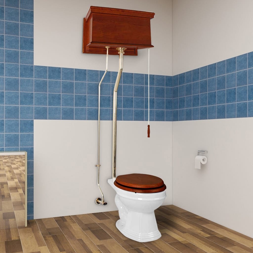 High Tank Toilet - Light Mahogany Flat Tank, White Round Bowl and Chrome Z Pipe Renovators Supply