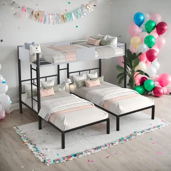 slide 2 of 12, Twin Size Triple Bunk Bed with Vent Board/ Sturdy Metal Frame/ Noise-Free Wood Slats/ Separatable into three beds Black