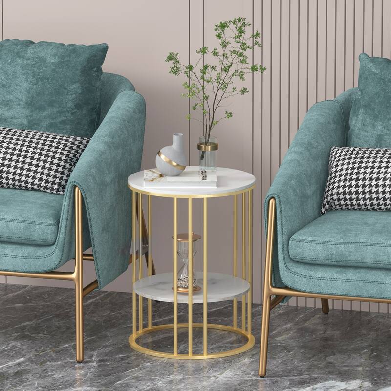 2 Tier Modern Metal Sintered Stone Round Side Table