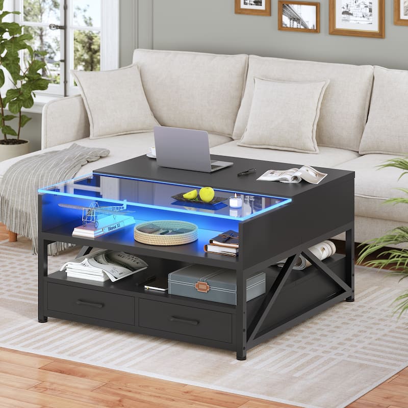 Coffee Table Lift Top 2 Drawers Hidden Compartment for Living Room