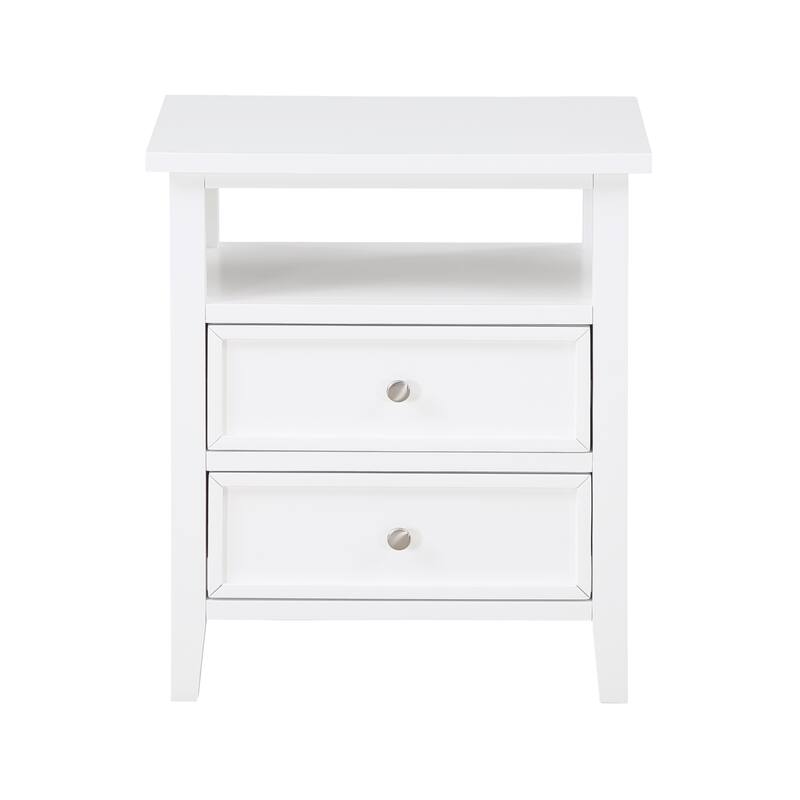 2- Drawer Nightstand with Nickel Knobs and Open Shelf Solid Wood Construction