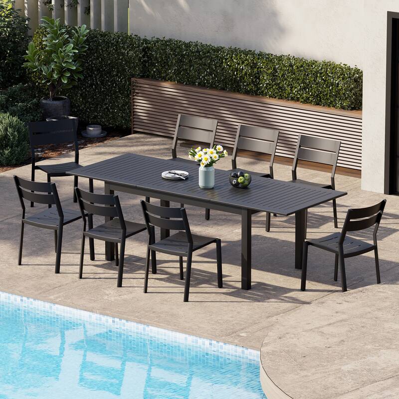 9-Piece Outdoor Aluminum Patio Expandable Dining Table Set with Stackable Chairs