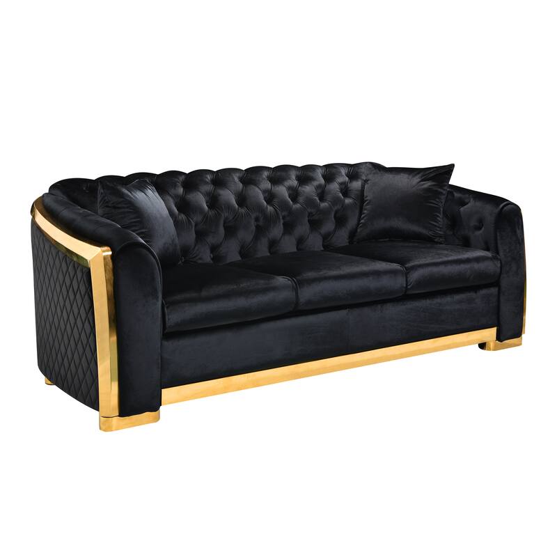 High-End European Design Velvet Chesterfield Sofa with Gold Stainless Steel Legs - 3-Seat Couch