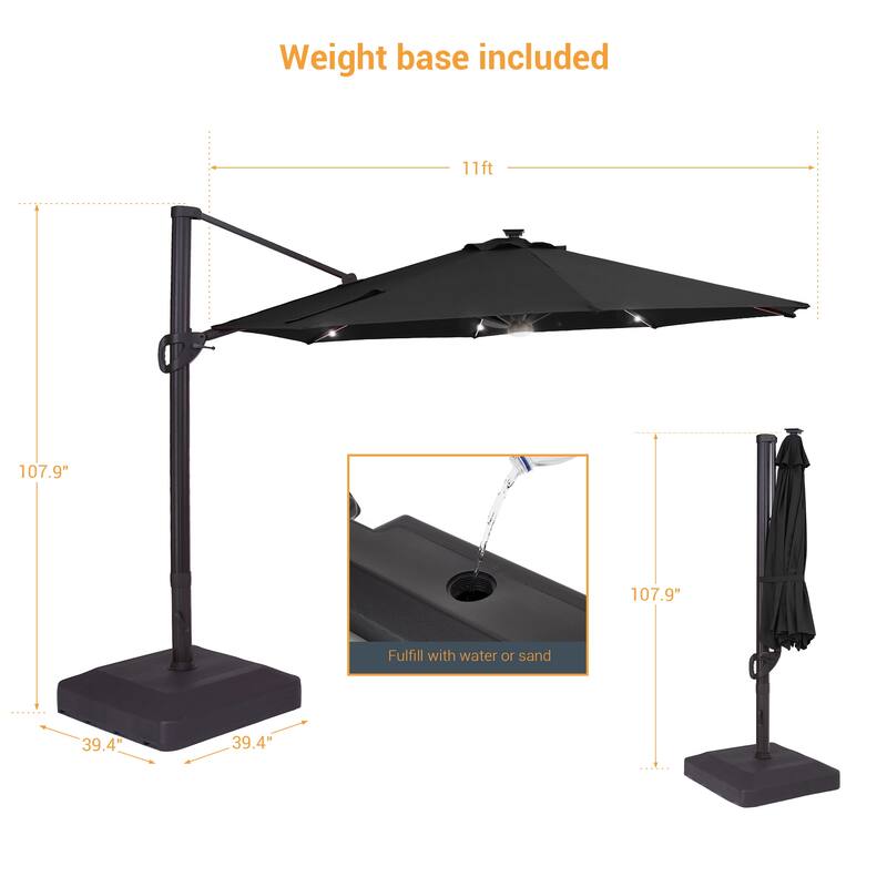 LIVOOSUN 11Ft LED Patio Hanging Octagon Cantilever Umbrella with 360-degree Rotating Canopy