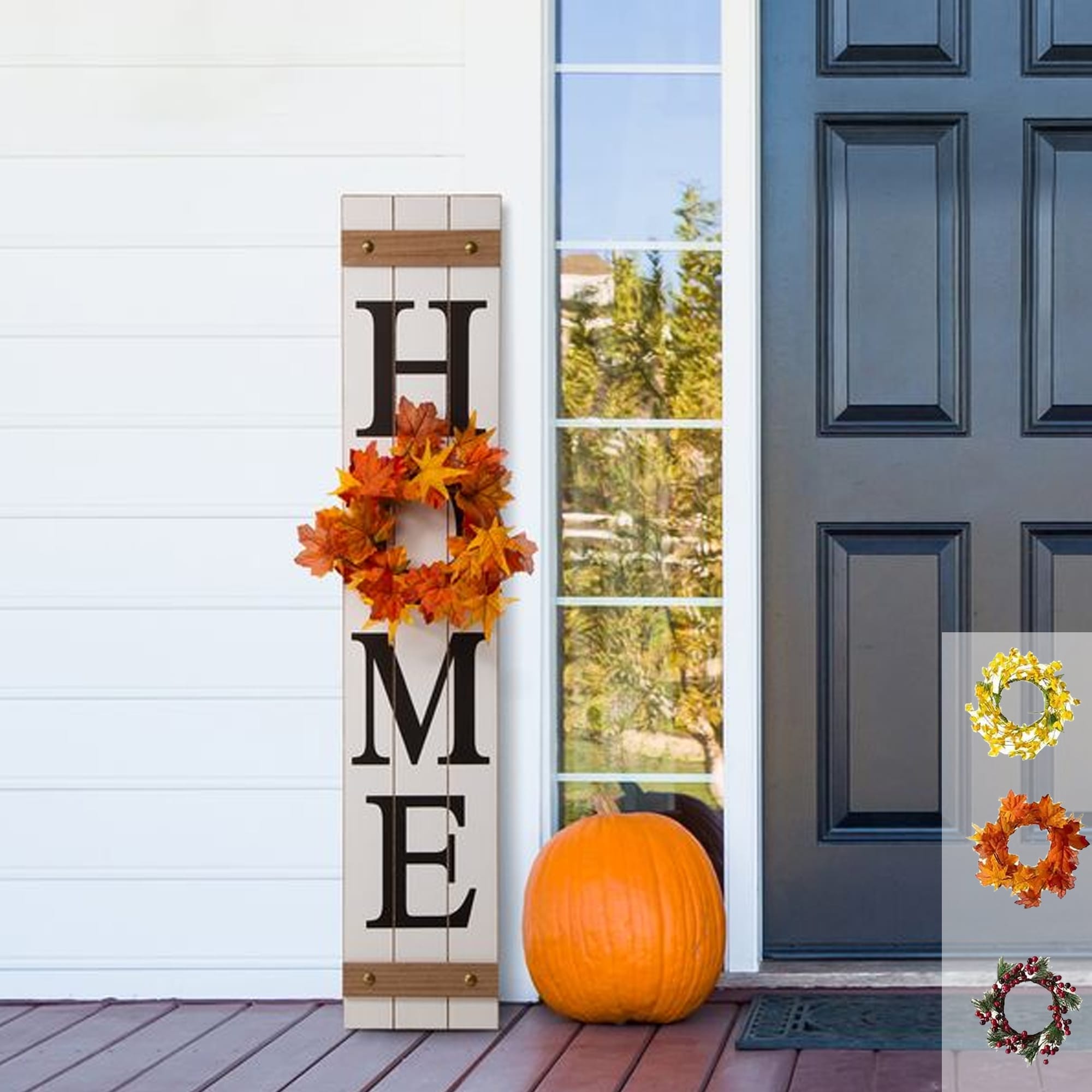 Glitzhome 42"H Home Sign with 3 Interchangeable Floral Wreaths Fall /Summer Porch Decor