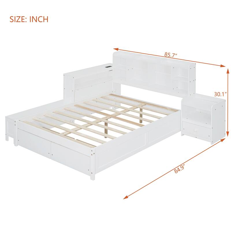 Gray Full Size Platform Bed with Integrated Desk, Nightstand, Storage Drawers & USB Ports - Multi-functional Design