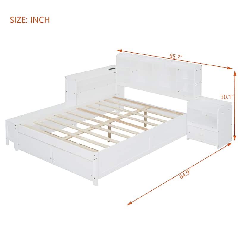 Wooden Platform Bed with Nightstand, USB Ports and Desk, Full Storage Bed Frame with Storage Bookcase Headboard & 2 Drawers