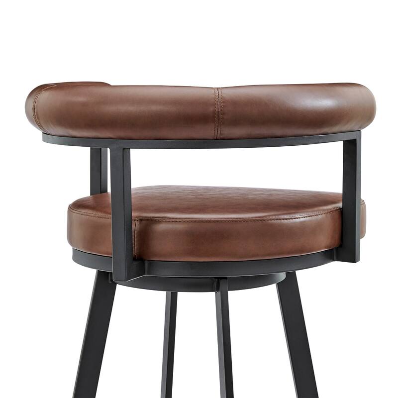 Weni Swivel Barstool Chair, Brown Faux Leather, Black Iron Frame