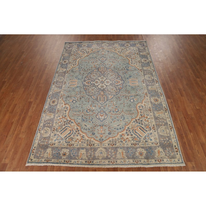 Light Blue Floral Tabriz Persian Area Rug Hand-Knotted Wool Carpet - 6'5"x 9'5"