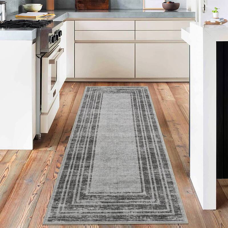 Washable Area Rugs for Living Room, Soft Modern Bordered Rug Non Slip Low Profile Carpets for Bedroom Dining Room - Grey - 2' x 6' Runner