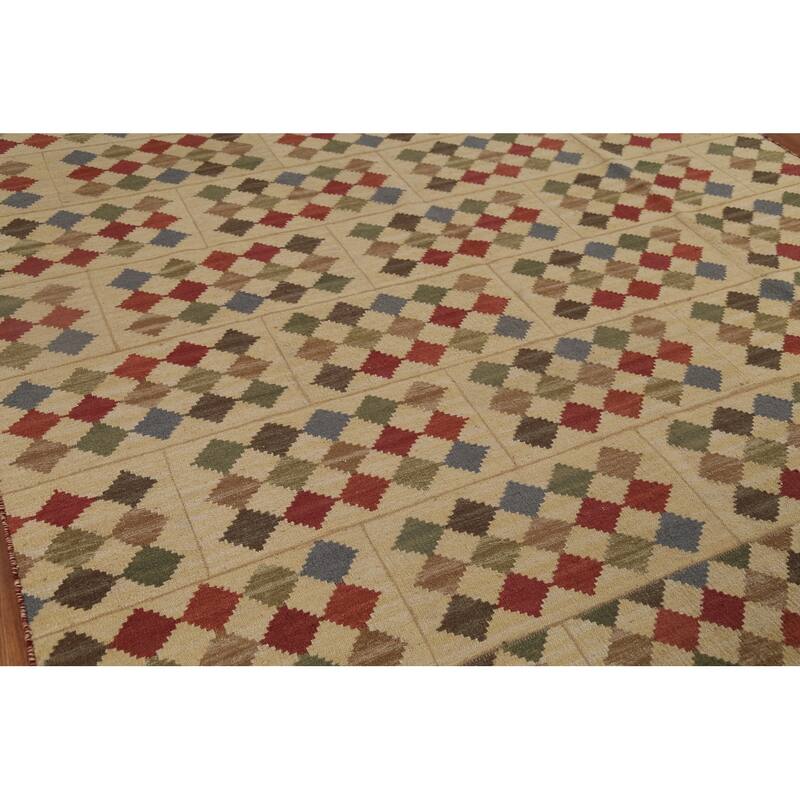 Geometric Kilim Oriental Area Rug Flatweave Beige / Ivory Wool Carpet - 7'8"x 10'0"
