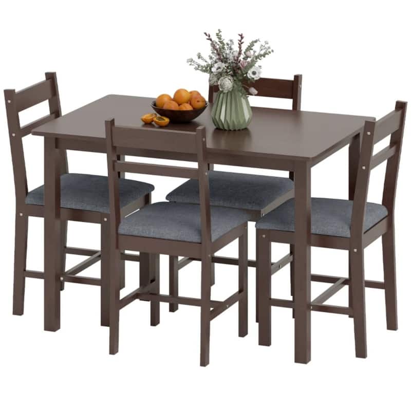 5-Piece Dining Set, Farmhouse Wooden Table and 4 Cushioned Chairs