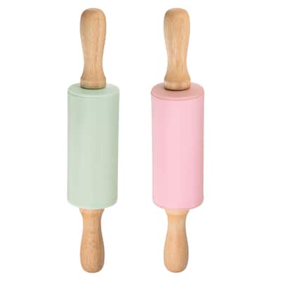 Silicone Rolling Pins for Baking Wood Handle 23.5cm x 4.2cm Light Green & Pink - Light Green & Pink
