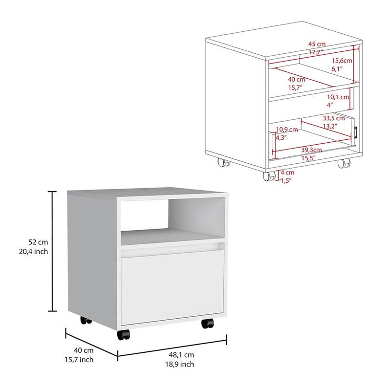 Modern White Nightstand with Drawer and Casters, Space-Saving Design for Bedroom or Living Room