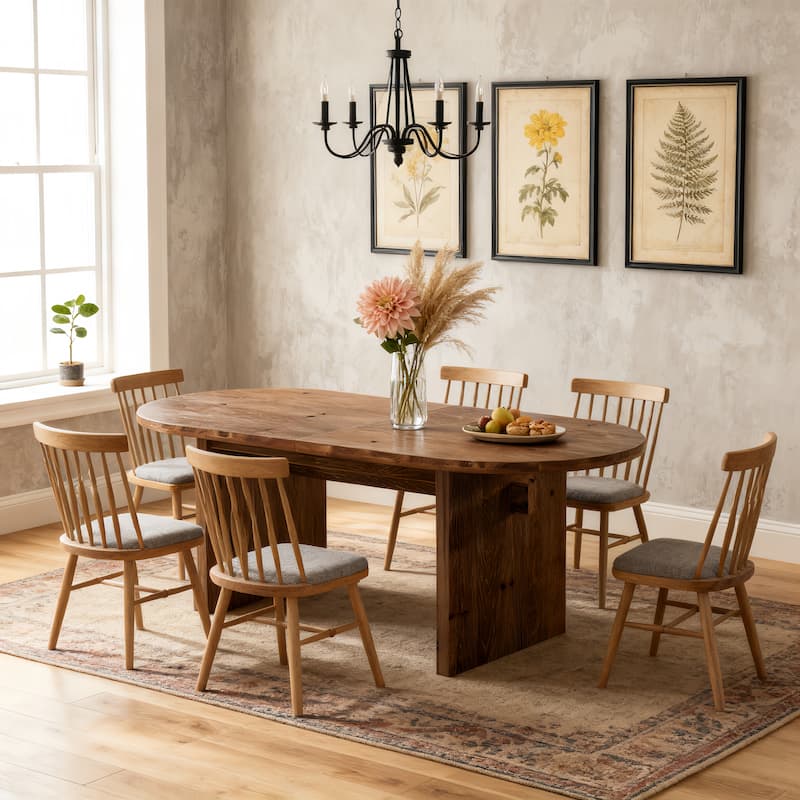 63-Inch Solid Wood Farmhouse Oval Dining Table for 4-6 - N/A