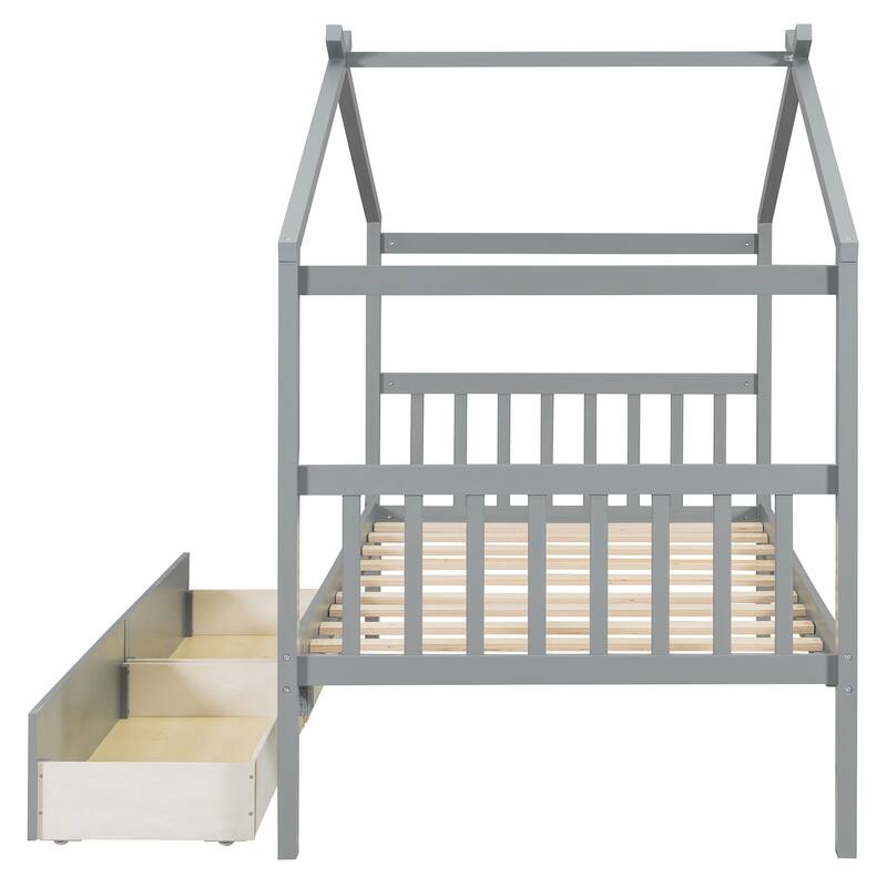 Twin Size Wooden House Bed with Storage Drawers, Gray - Space-Saving Kids Bed with Solid Pine Frame