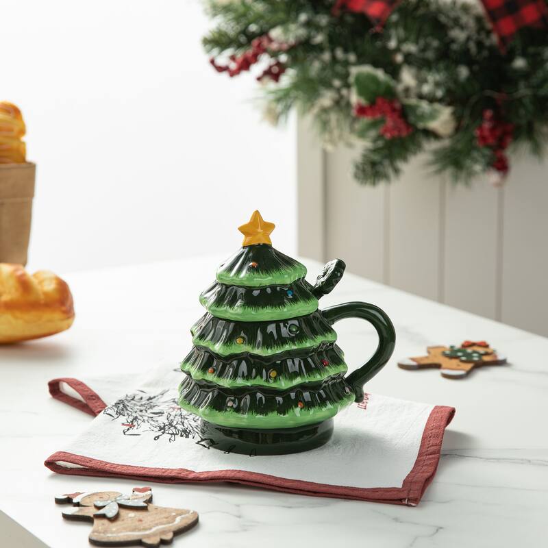 Glitzhome Christmas Dolomite Santa & Snowman or Tree Mug with Lid and Spoon - Tree