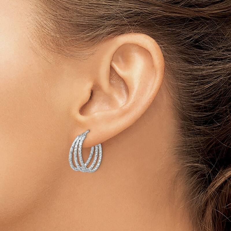 Curata 14k White Gold Polished and Textured Three Row Hoop Post Earrings - 19.45x18.7mm