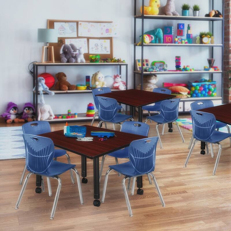 48 in. Square Height Adjustable Moblie Classroom Table - Mahogany & 4 12-in Stack Chairs- Navy Blue