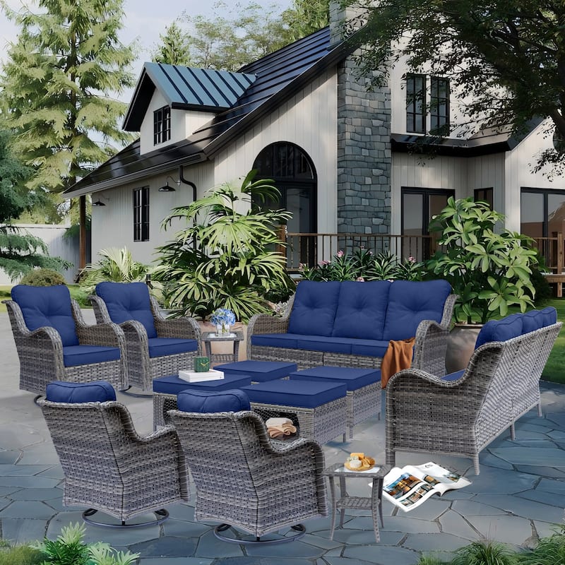 12 Piece Outdoor Patio Conversation Wicker Furniture Swivel Chair Sets - Navy Blue-Gray Rattan