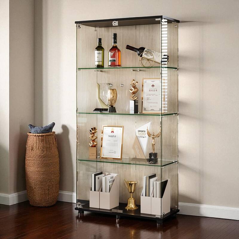Glass Display Cabinet with Double Doors and Lock, 4-Shelf Tempered Glass Curio Cabinet Bookshelf for Office and Bedroom - Black