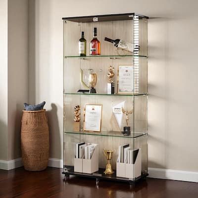 Glass Display Cabinet with Double Doors and Lock, 4-Shelf Tempered Glass Curio Cabinet Bookshelf for Office and Bedroom