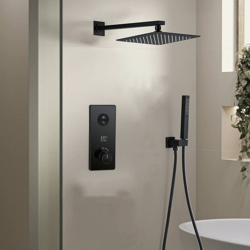 9.84" Digital Display Thermostatic Complete Shower System with Rough in-Valve, Rain Shower Head - Matte Black