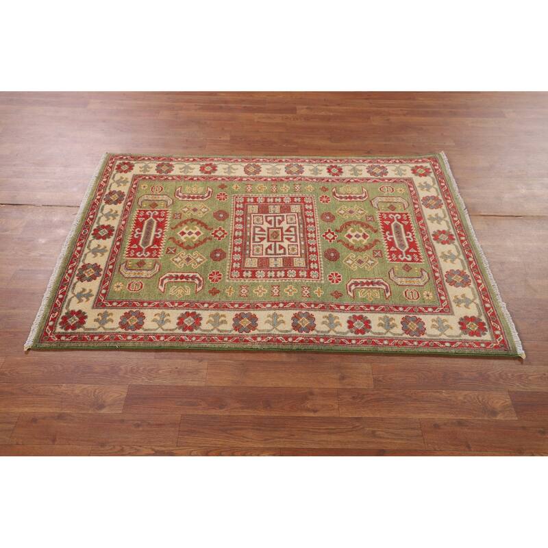 Light Green Geometric Kazak Accent Rug Handmade Wool Carpet - 3'4" x 4'7"