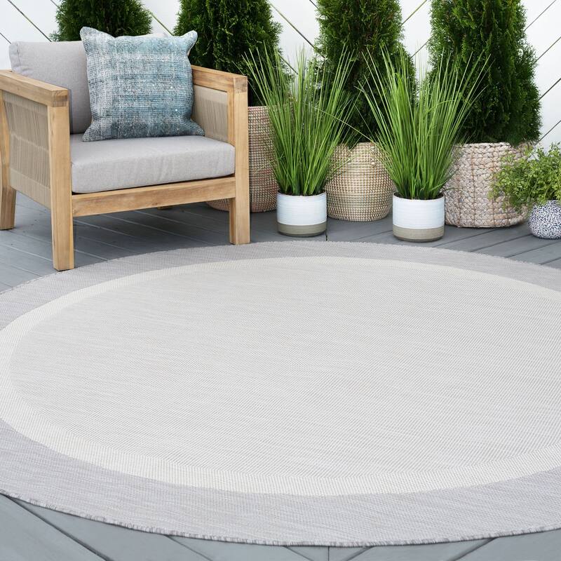 Exo Coastal Border Indoor/Outdoor Area Rug - 5'3'' Round - Gray/Cream