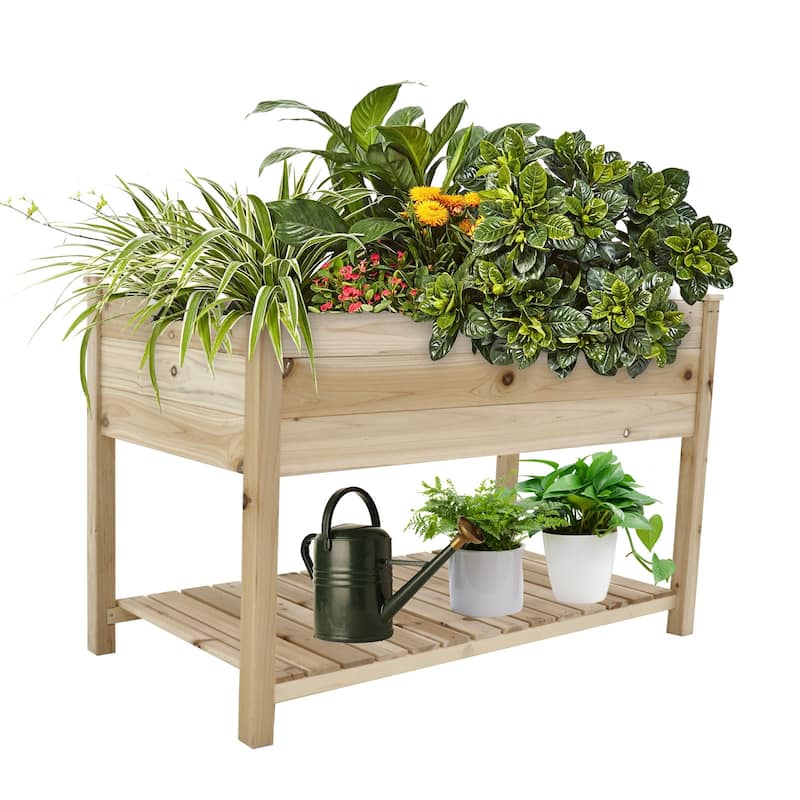 Raised Garden Bed Planter Box with Legs & Storage Shelf - Natural
