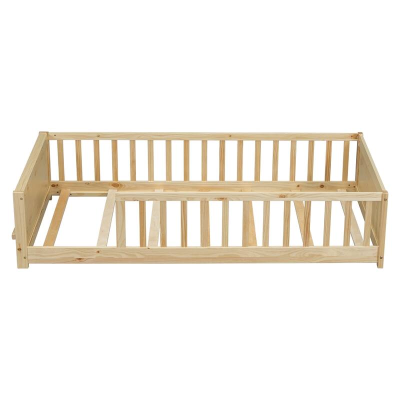Twin Size Wood Floor Platform Bed with Built-in Book Storage Rack