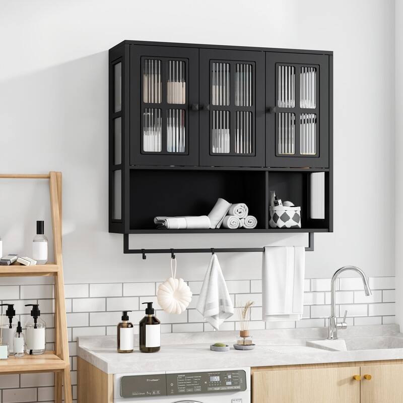 3-Door Wall Cabinet with Fluted Glass & Towel Bar, Modern Storage Solution