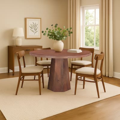 Koi Dining Table 42" Round Top Handmade Ambre Brown Mango Wood Octagonal Pedestal Base