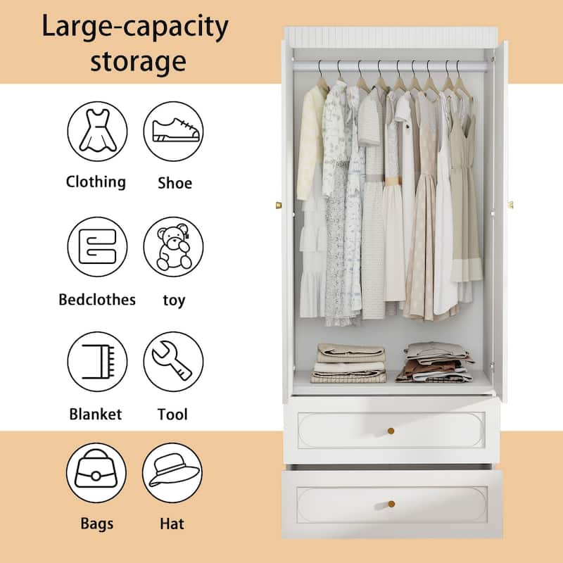 2 Door Armoire Wardrobe Closet, Floor Standing Freestanding Wardrobe Closet with 2 Big Drawers for Bedroom